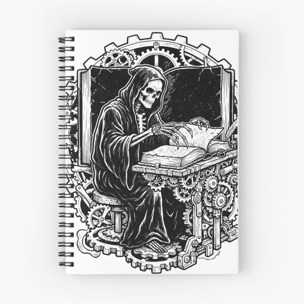 Item preview, Skeleton Reading Book at Mechanical Cog Desk in Front of Large Open Tome and Gears designed and sold by MisteryDesigner.