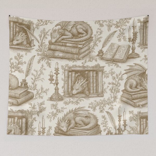 Item preview, Sleeping Book Dragon Toile Seamless Pattern | Dark Academia Antique Gold designed and sold by StickyGuys.