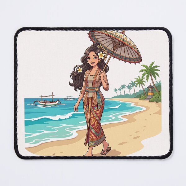 Item preview, Balinese Woman Walking on Tropical Beach with Traditional Umbrella Illustration designed and sold by cannsuh.