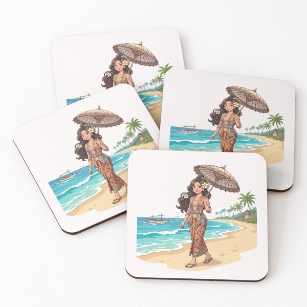 Item preview, Balinese Woman Walking on Tropical Beach with Traditional Umbrella Illustration designed and sold by cannsuh.