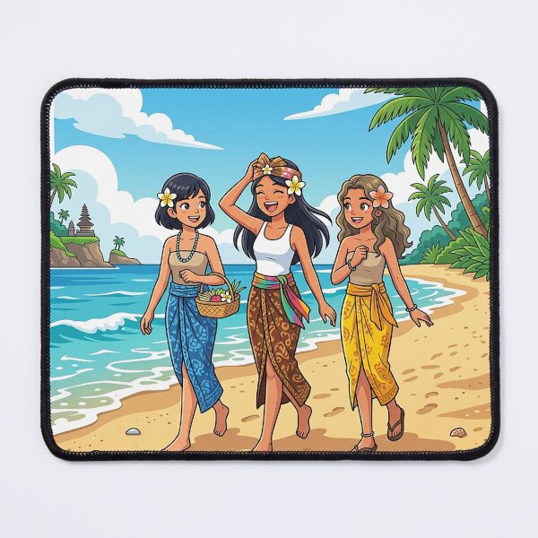 Item preview, Balinese Friends Walking on Tropical Beach – Bali Island Lifestyle Illustration designed and sold by cannsuh.