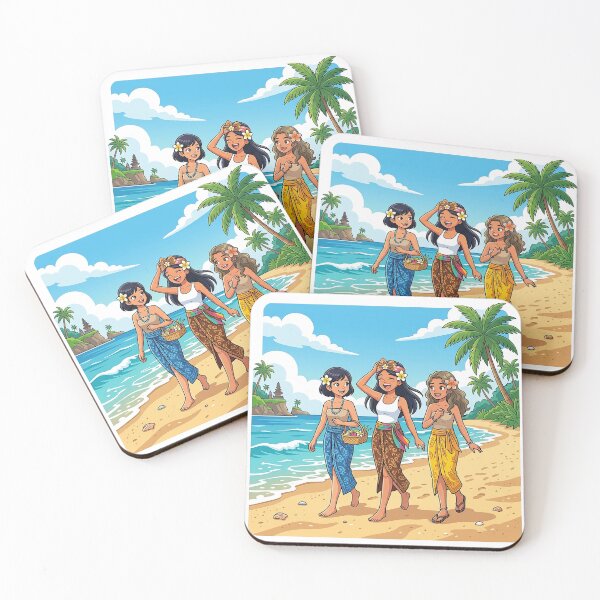 Item preview, Balinese Friends Walking on Tropical Beach – Bali Island Lifestyle Illustration designed and sold by cannsuh.