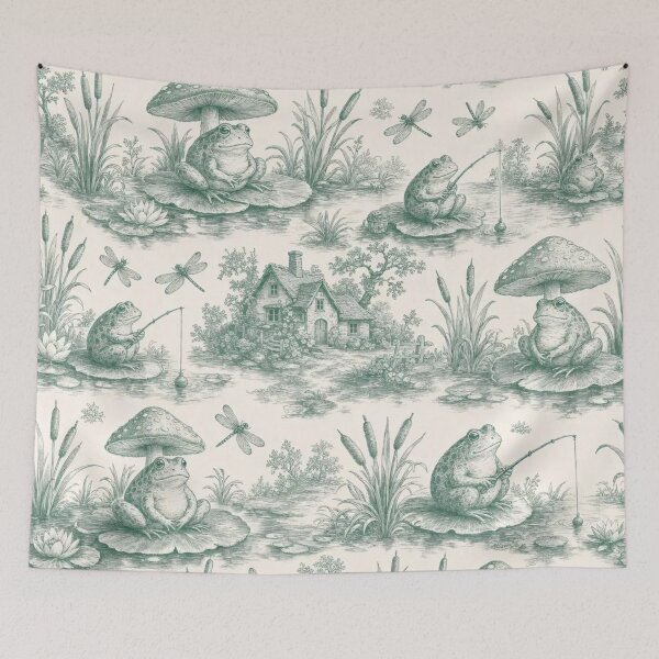 Item preview, Frog and Lilypad Cottage Toile Seamless Pattern | Cottagecore Pond Green designed and sold by StickyGuys.