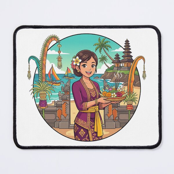 Item preview, Balinese Woman with Canang Sari at Seaside Temple – Bali Cultural Illustration designed and sold by cannsuh.