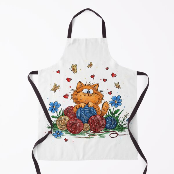 Item preview, A happy ginger cat sits contentedly amidst colorful balls of knitting yarn in a garden filled with flowers, hearts, and butterflies. designed and sold by ArtbySvetik.