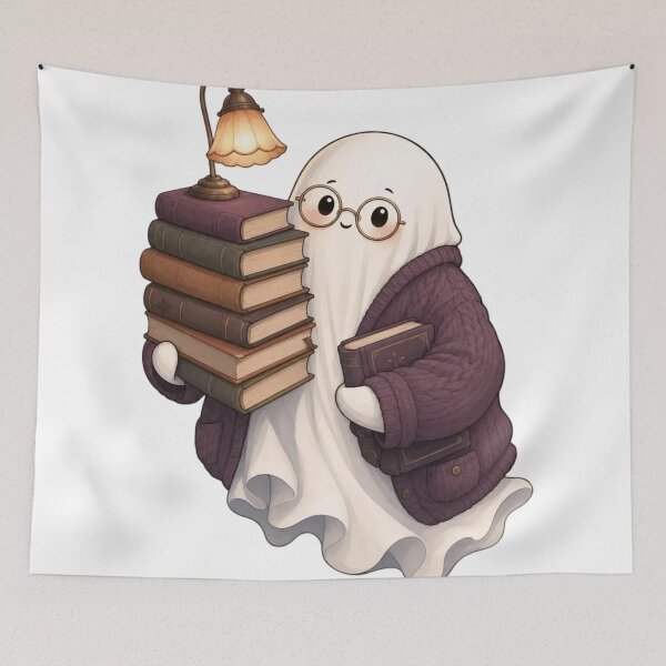 Item preview, Cozy Ghost Librarian Returning Overdue Books | Bookish Halloween Bone White designed and sold by StickyGuys.