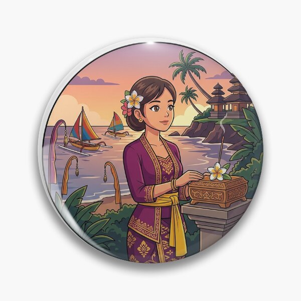 Item preview, Bali Sunset Temple Offering Ceremony Circle Illustration | Balinese Spiritual Coastal Art designed and sold by cannsuh.
