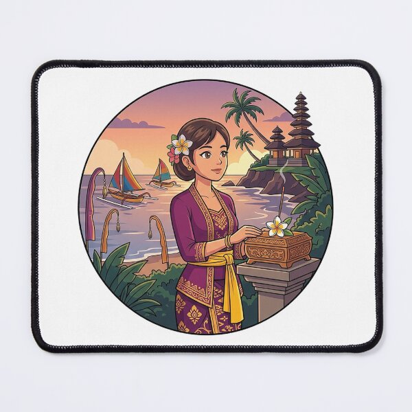 Item preview, Bali Sunset Temple Offering Ceremony Circle Illustration | Balinese Spiritual Coastal Art designed and sold by cannsuh.