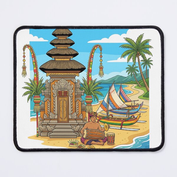 Item preview, Balinese Beach Temple and Traditional Jukung Illustration | Tropical Coastal Heritage Art designed and sold by cannsuh.