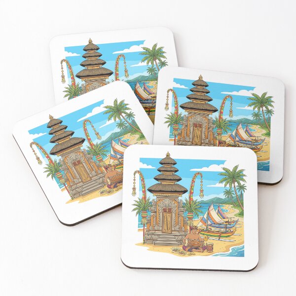 Item preview, Balinese Beach Temple and Traditional Jukung Illustration | Tropical Coastal Heritage Art designed and sold by cannsuh.