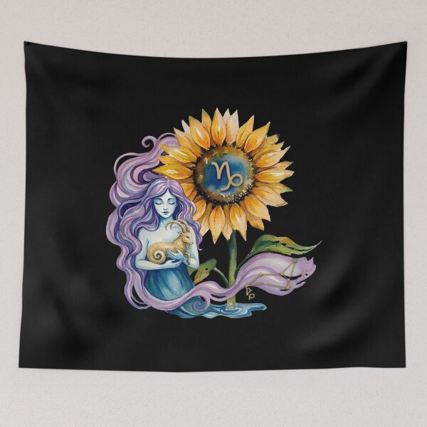 Item preview, ​Capricorn Zodiac Goddess Watercolor Sunflower Art designed and sold by SilentFlower.