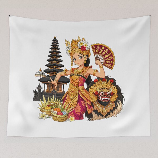 Item preview, Balinese Legong Dancer and Barong Temple Illustration | Traditional Bali Cultural Art designed and sold by cannsuh.