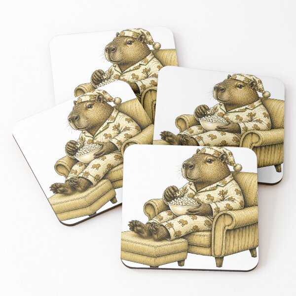 Item preview, capybara relaxing watching tv in matching pajamas with feet up on ottoman designed and sold by PhiloDoh.