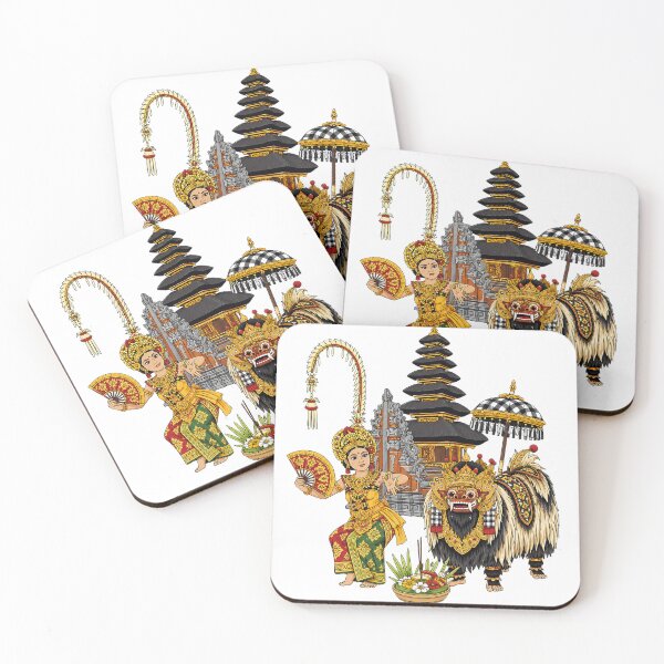 Item preview, Balinese Legong Dancer with Barong, Temple & Canang Sari Cultural Illustration designed and sold by cannsuh.