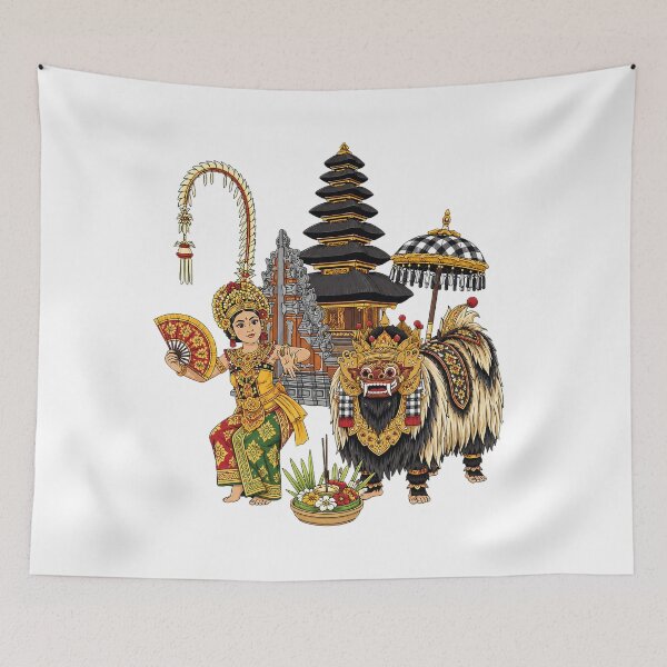 Item preview, Balinese Legong Dancer with Barong, Temple & Canang Sari Cultural Illustration designed and sold by cannsuh.