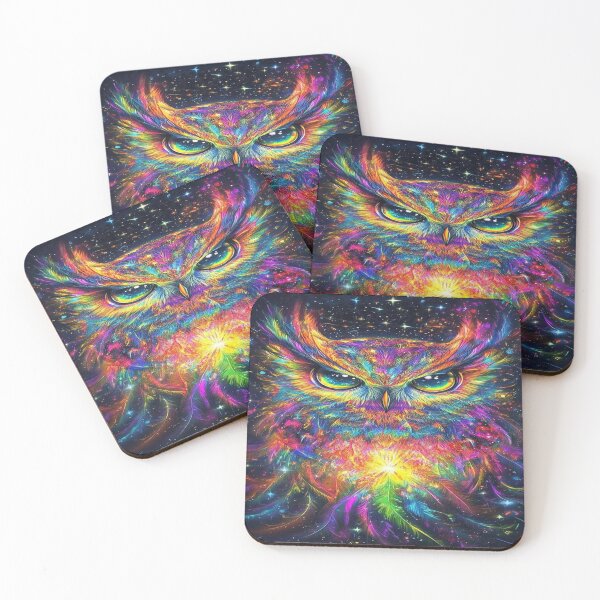 Item preview, The Cosmic Guardian of Eternal Wisdom, Rainbow Cosmic Owl - Psychedelic Art with Multicolored Feathers and Galactic Eyes designed and sold by RAYBIL.