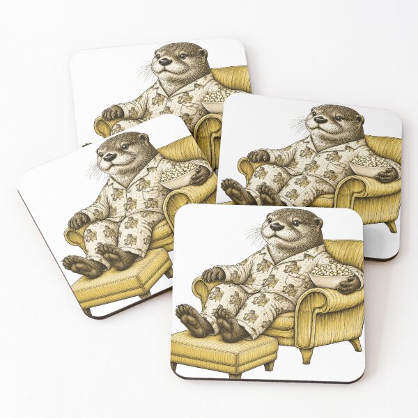 Item preview, otter relaxing watching tv in matching pajamas with feet up on ottoman designed and sold by PhiloDoh.