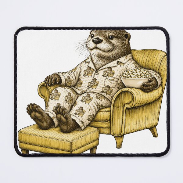 Item preview, otter relaxing watching tv in matching pajamas with feet up on ottoman designed and sold by PhiloDoh.
