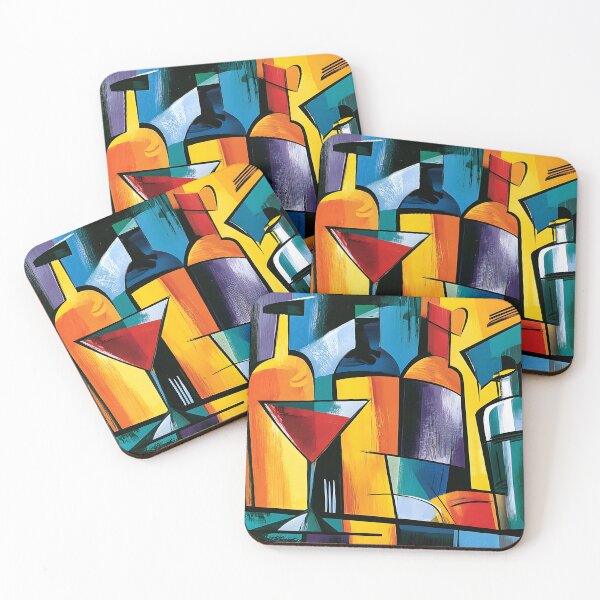 Item preview, Contemporary Mixology Masterpiece with Cocktail Glass Bottles and Bold Abstract Bar Wall Art designed and sold by OlfactoART Studio.
