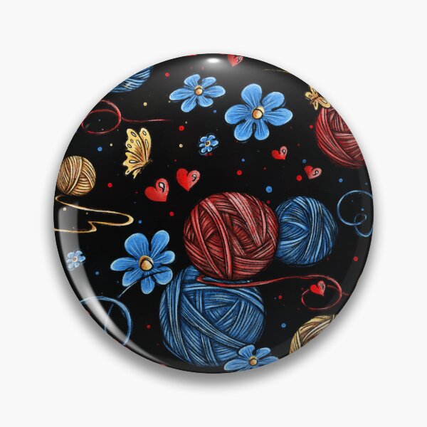 Item preview, A pattern of multicolored balls of knitting yarn amidst blue flowers, red hearts, and yellow butterflies. designed and sold by ArtbySvetik.