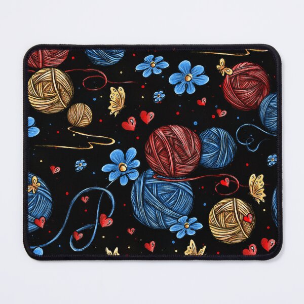 Item preview, A pattern of multicolored balls of knitting yarn amidst blue flowers, red hearts, and yellow butterflies. designed and sold by ArtbySvetik.