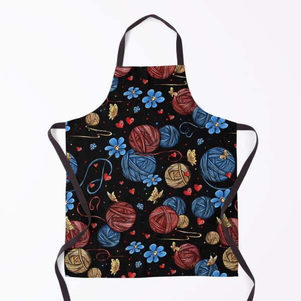 Item preview, A pattern of multicolored balls of knitting yarn amidst blue flowers, red hearts, and yellow butterflies. designed and sold by ArtbySvetik.
