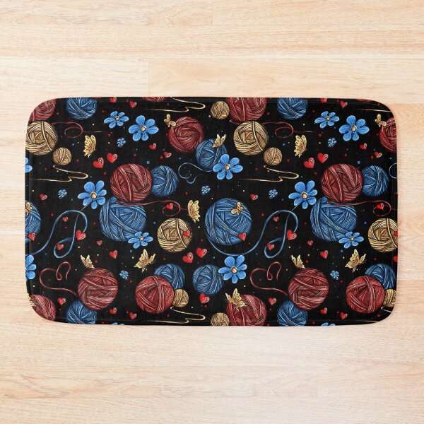 Item preview, A pattern of multicolored balls of knitting yarn amidst blue flowers, red hearts, and yellow butterflies. designed and sold by ArtbySvetik.