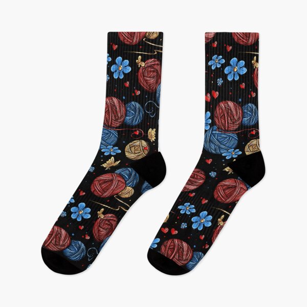 Item preview, A pattern of multicolored balls of knitting yarn amidst blue flowers, red hearts, and yellow butterflies. designed and sold by ArtbySvetik.