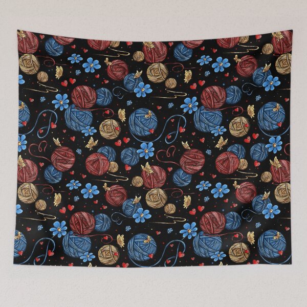 Item preview, A pattern of multicolored balls of knitting yarn amidst blue flowers, red hearts, and yellow butterflies. designed and sold by ArtbySvetik.