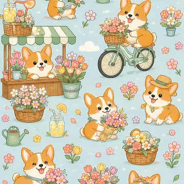 Artwork thumbnail, Corgi Spring Flower Market Pattern by Soft Berry Studio