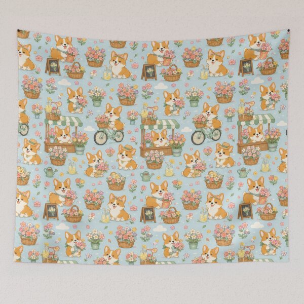 Item preview, Corgi Spring Flower Market Pattern designed and sold by Soft Berry Studio.