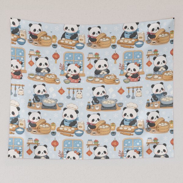 Item preview, Panda Winter Dumpling Kitchen Pattern designed and sold by Soft Berry Studio.