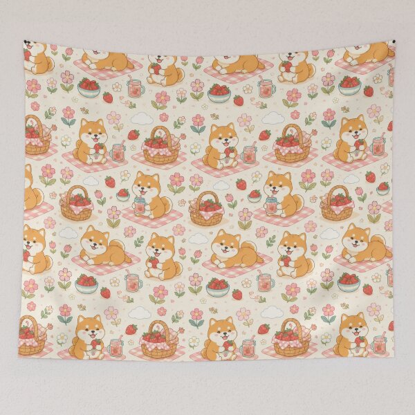 Item preview, Shiba Inu Spring Strawberry Picnic Pattern designed and sold by Soft Berry Studio.