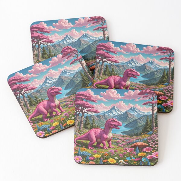 Artikelvorschau, Fantasielandschaft mit rosa Dinosauriern entworfen und verkauft von flashARTstudio.