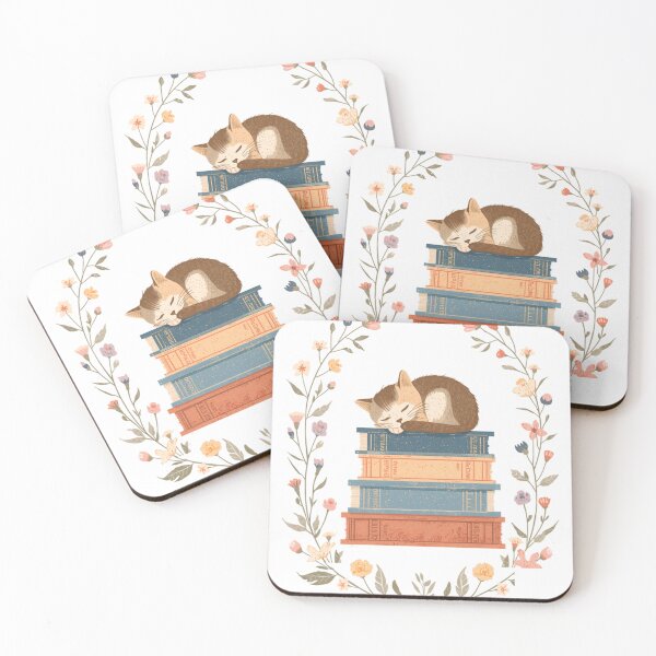 Item preview, Vintage sleeping cat on colorful antique books, surrounded by wildflowers, warm pastel colors, soft textured vector art, flat design, clean white background. designed and sold by Vexiora.