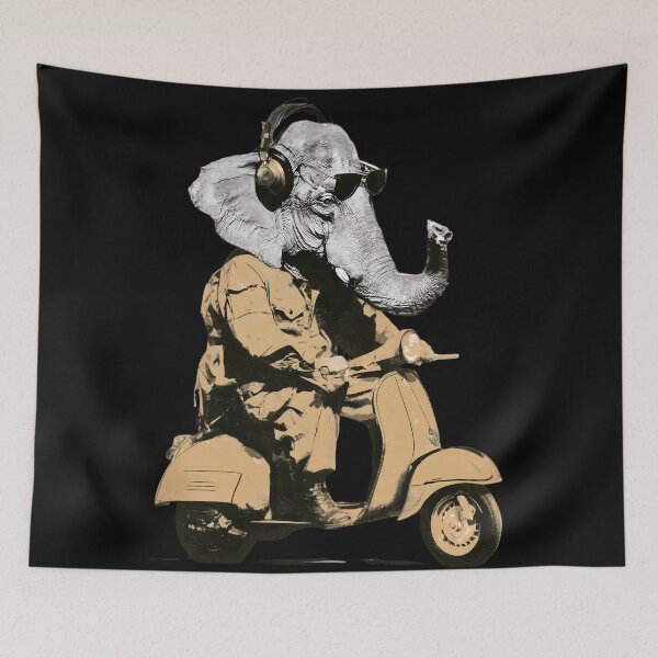 Item preview, Cool Elephant with Black Headphones Riding Yellow Scooter Vintage Art designed and sold by PANNARUK THAILAND.