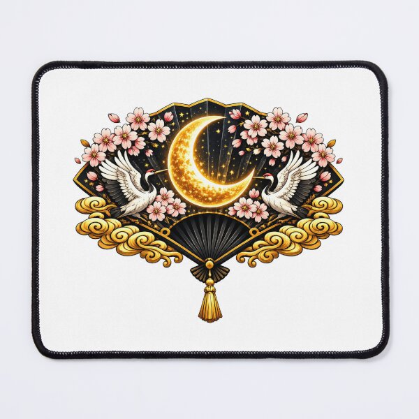 Item preview, Golden Crescent Moon & Japanese Cranes | Sakura Moon Fan | Elegant Japanese Aesthetic | Cherry Blossom Art | Celestial Oriental Design | Zen Nature Decor designed and sold by MrDev.