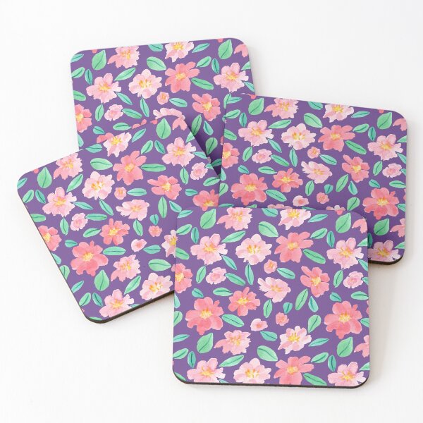 Item preview, Pink Watercolour Camellias Flowers Purple background designed and sold by Lozzie Eliza Designs.
