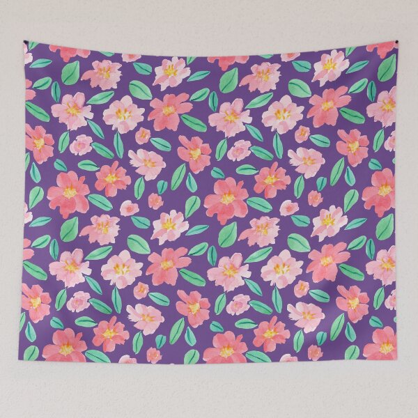 Item preview, Pink Watercolour Camellias Flowers Purple background designed and sold by Lozzie Eliza Designs.