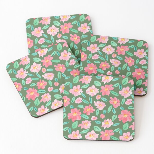 Item preview, Pink Watercolour Camellias Flowers Green background designed and sold by Lozzie Eliza Designs.