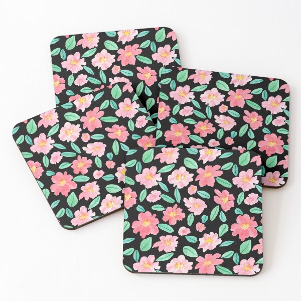 Item preview, Pink Watercolour Camellias Flowers Black background designed and sold by Lozzie Eliza Designs.