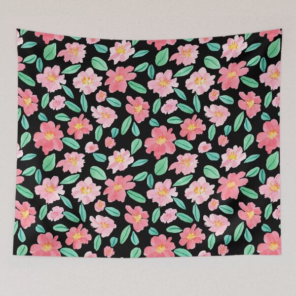 Item preview, Pink Watercolour Camellias Flowers Black background designed and sold by Lozzie Eliza Designs.