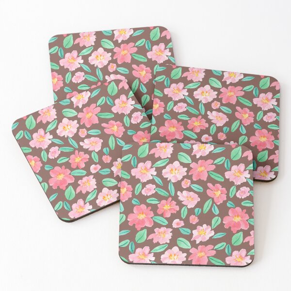 Item preview, Pink Watercolour Camellias Flowers Brown background designed and sold by Lozzie Eliza Designs.