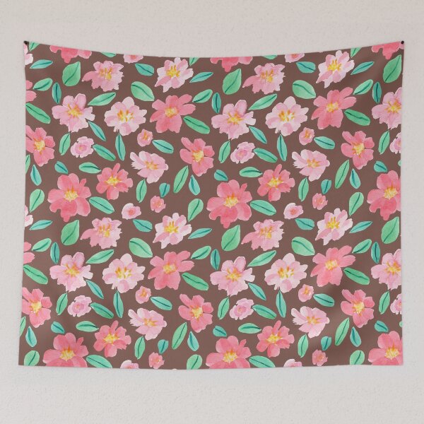 Item preview, Pink Watercolour Camellias Flowers Brown background designed and sold by Lozzie Eliza Designs.