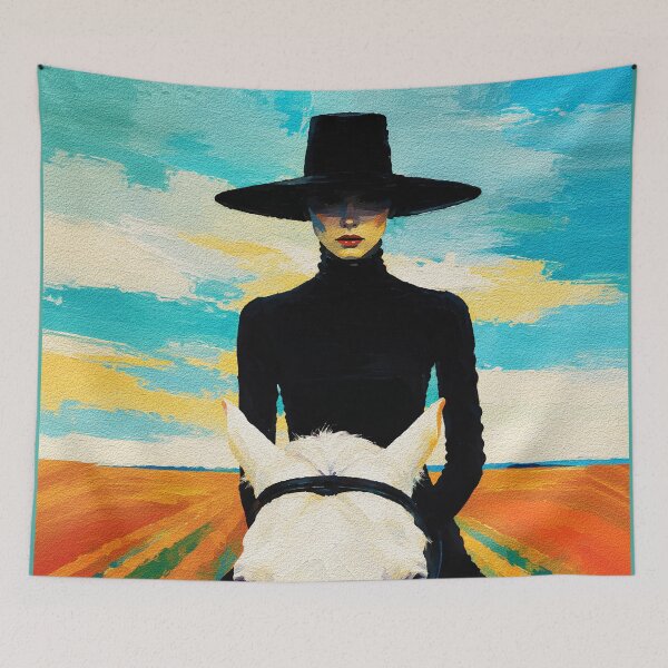 Item preview, Woman in Black on White Horse – Dramatic Field Portrait designed and sold by RamyGallery.