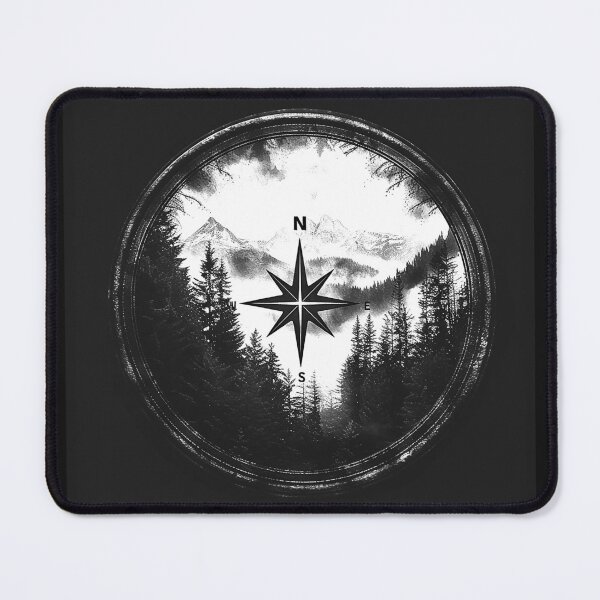 Item preview, Mountain Forest Compass Monochrome Wilderness Navigation Art designed and sold by inkoutninja.