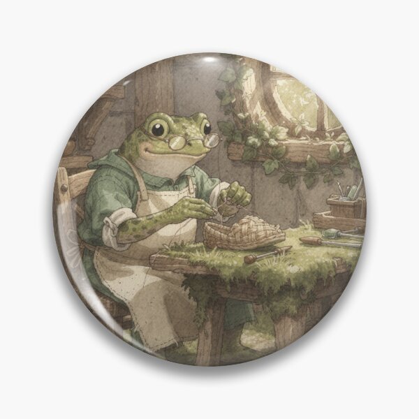 Item preview, Frog Cobbler Stitching a Tiny Reed Slipper Cottagecore Art designed and sold by PictorialWhimsy.