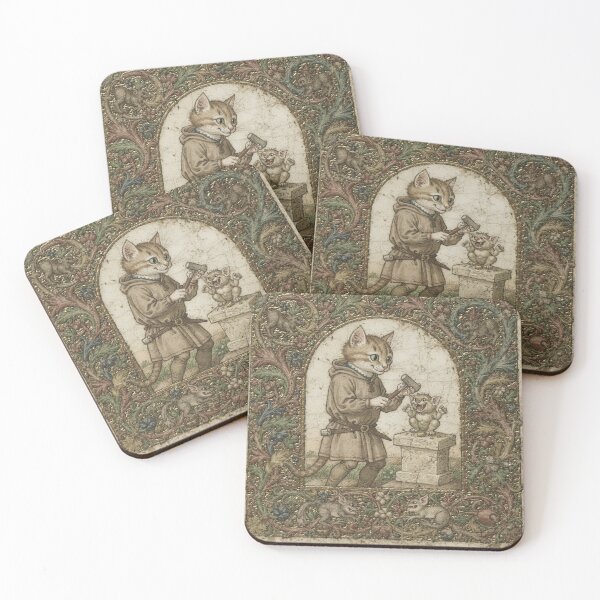 Item preview, Medieval Cat Stonemason Carving a Tiny Gargoyle Manuscript Art designed and sold by PictorialWhimsy.