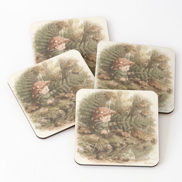 Item preview, Toad-Cap Sprite Fishing in a Dewdrop Pond Storybook Art designed and sold by PictorialWhimsy.