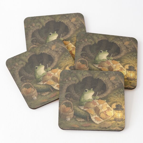 Item preview, Frog Quilt-Maker Stitching a Patchwork of Leaves Cottagecore Art designed and sold by PictorialWhimsy.